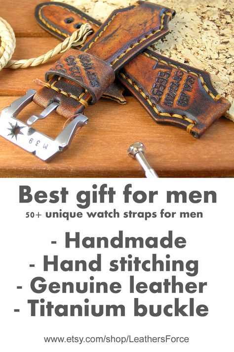 50+ unique watch straps for men vintage style. Handmade, hand stitching, genuine leather, handmade titanium buckle. Best gift for men Men Vintage Style, Handmade Watch Strap, Military Design, Watches Unique, Best Gifts For Men, Watch Straps, Leather Watch Strap, Leather Watch Bands, Men Vintage