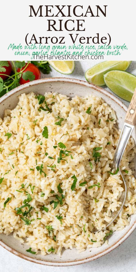 This Mexican Green Rice recipe (also called Arroz Verde) is made with long grain white rice, salsa verde, onion, garlic, cilantro and chicken broth. It’s a delicious side dish to serve with tacos, enchiladas, burritos and bowls. Enchiladas Burritos, Turkey Enchilada Casserole, Green Rice Recipe, Homemade Spanish Rice, Spanish Rice And Beans, Cilantro Lime Rice Recipe, Long Grain White Rice, Healthy Side Dish Recipes, White Rice Recipes