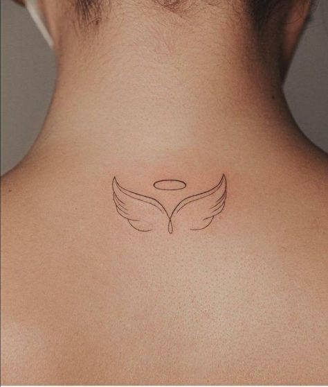 Angle Wings Tattoo Back Of Neck, Angel Wings Neck Tattoos Women, Simple Angel Tattoo For Women, Fine Line Wings Tattoo, Wings Fine Line Tattoo, Angels Tattoo For Women, Mini Tattoos Angel Wings, Fine Line Tattoo Angel, Small Angel Tattoos For Women