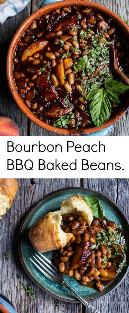 Bourbon Peach BBQ Baked Beans | halfbakedharvest.com @hbharvest Baked Beans With Peaches, Peach Baked Beans, Peach Bourbon Baked Beans, Peach Bbq, Baked Peaches, Sweet Beans, Best Baked Beans, Bbq Baked Beans, Southern Bbq