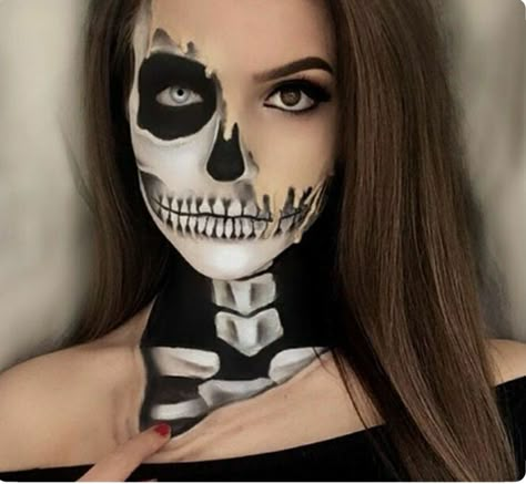 #half #skeleton #makeup Skull Neck Makeup, Painted Skeleton Face, Halloween Skeleton Makeup Half Face, Skeleton Body Makeup, Zombie Skeleton Makeup, Glam Skeleton Makeup Half Face, Skeleton Queen Makeup, Half Zombie Face Makeup, Female Skeleton Makeup