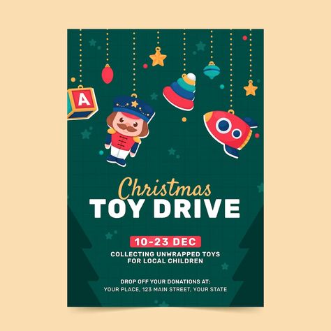 Free Vector | Flat christmas toy drive vertical poster template Toy Drive Flyer, Poster Natal, Christmas Toy Drive, Xmas Poster, Christmas Toy Shop, Drive Poster, Baby Ads, Toy Keys, Toy Drive