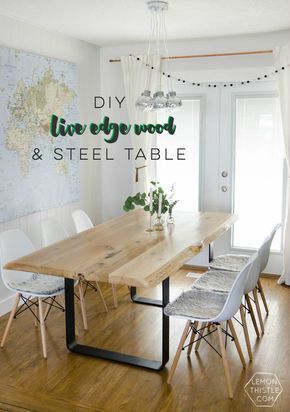 DIY Live Edge Wood Dining Room Table with Steel Legs... uhhhhm love this! So modern but rustic Diy Live Edge, Dining Room Decor Rustic, Small Dining Room Table, Dining Room Decor Modern, Wood Dining Room Table, Desk Diy, Round Kitchen Table, Diy Dining Room, Diy Dining Table