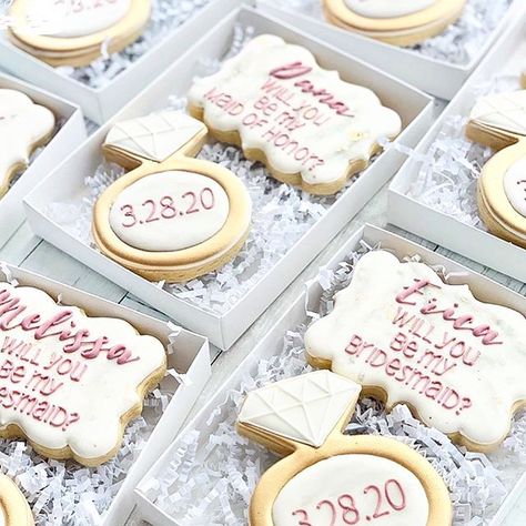 Will You Be My Bridesmaid? 💍 The Sweetest way to ask! @crumblecateringco these are perfection, thanks so much for sharing! #wehavethebestcustomers #decoratedcookies #ido WH15 and SC15    #Regram via @By3fHn5BcQa Will You Be My Bridesmaid Cookies Sugar, Bridesmaid Treat Boxes, Wedding Party Proposal Cookies, Cookies Bridesmaid Proposal, Bridal Party Cookie Proposal, Maid Of Honor Cookies, Bridesmaids Proposal Cookies, Bridal Proposal Cookies, Bridal Party Proposal Cookies