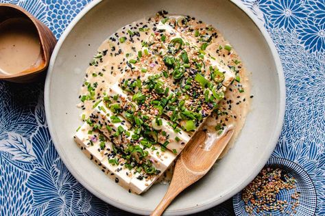 Silken Tofu (Soft Tofu) With Sesame Dressing | I Heart Umami® Recipes With Soft Tofu, Tofu Recipes For Beginners, Asian Peanut Sauce, Roasted Sesame Dressing, Silken Tofu Recipes, Spicy Peanut Noodles, Soft Tofu, Quick Side Dishes, Sesame Dressing