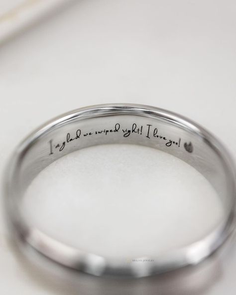 For couples who met on a dating app, this engraving is perfect for you! Let your engraved wedding rings serve as a timeless reminder of where your love story began. Rekindle cherished memories with a message forever etched on your wedding bands. Customize your rings with engravings at Brilyo. https://www.brilyojewelry.com/pages/customize-your-own-jewelry-piece Wedding Rings Inscription, Christian Wedding Bands, Wedding Bands Engraved Ideas, Wedding Band Engraving Ideas For Him, Rings With Engravings, Engagement Ring Engraving Ideas, Ring Engraving Ideas Quotes, Wedding Band Engraving Quotes, Engagement Ring Engraving