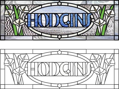 Surname, family name, custom transom patterns with words, stained glass patterns Stained Glass Letters, Logo Word, House Names, Glass Projects, Stained Glass Projects, Glass Printing, Name Logo, Stained Glass Patterns, Letter Patterns