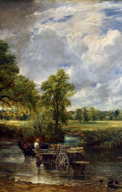 The Hay Wain – originally titled Landscape: Noon – is a painting by John Constable, completed in 1821, which depicts a rural scene on the River Stour between the English counties of Suffolk and Essex. It hangs in the National Gallery in London and is regarded as "Constable's most famous image" and one of the greatest and most popular English paintings The Hay Wain, English Paintings, John Constable, Beauty Words, Calligraphy Brush, Romantic Heart, Art Calligraphy, Letter Art, Art Wallpaper