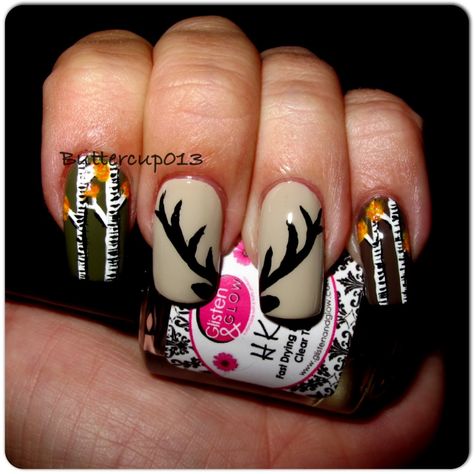 Hunting inspired nails...freehand elk antlers and aspen trees ...done by buttercup013 (me) #buttercup013 Hunting Nails, Deer Nails, Camo Nails, Thanksgiving Nail Art, Country Nails, Elk Antlers, Inspired Nails, Thanksgiving Nails, Aspen Trees