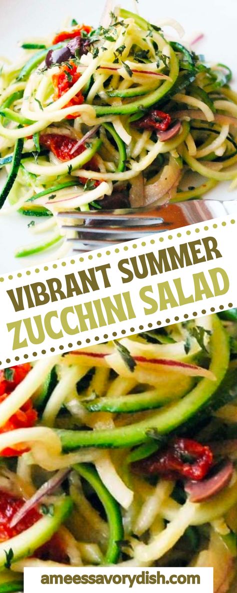 This Vibrant Summer Zucchini Salad creates a quick, easy cold summer side dish. This recipe will become a hit among any cookout BBQ. This summer zucchini salad is a delicious side dish option with zucchini spirals, olives, sun-dried tomatoes, and vibrant citrus dressing. With these bright, beautiful flavors, you and your guests will always enjoy this recipe! Cookout Sides Healthy, Spiral Zucchini Salad Recipes, Summer Harvest Recipes, Summer Zucchini Side Dish, Zucchini Salad Recipes Cold, Zucchini Summer Salad, Zucchini And Squash Salad, Squash Salad Recipes Summer, Cold Zucchini Recipes