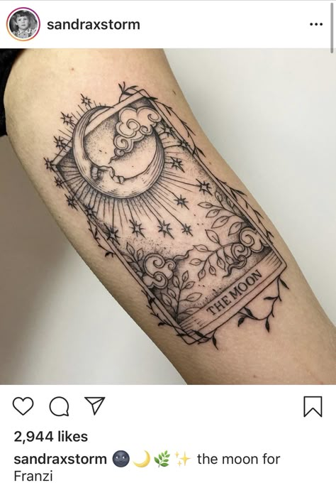 Traditional Style Tarot Card Tattoo, Tarot Card Tattoo The Moon, The Moon Tattoo Tarot, The Moon Tarot Card Tattoo, Cosmic Tattoos, Cosmic Tattoo, Stained Glass Tattoo, Tarot Tattoo, Tarot Card Tattoo