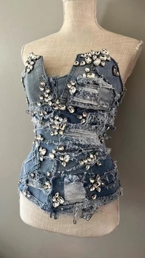 Upcycle Denim, Rhinestone Denim, Preformance Outfits, Corset Fashion, Fashion Design Collection, Career Fashion, Denim Corset, Upcycled Fashion, Fashion Design Sketches