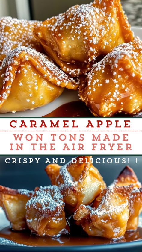 Sweet Snacks & Treats: Caramel Apple Won Tons made in the Air Fryer - Crispy and Delicious Apple Pie Wontons Air Fryer, Airfry Apple, Apple Pie Wontons, Apple Wontons, Won Ton Wraps, Desserts Cinnamon, Potato Soup Crockpot Recipes, Caramel Apples Recipe, Sweet Apples