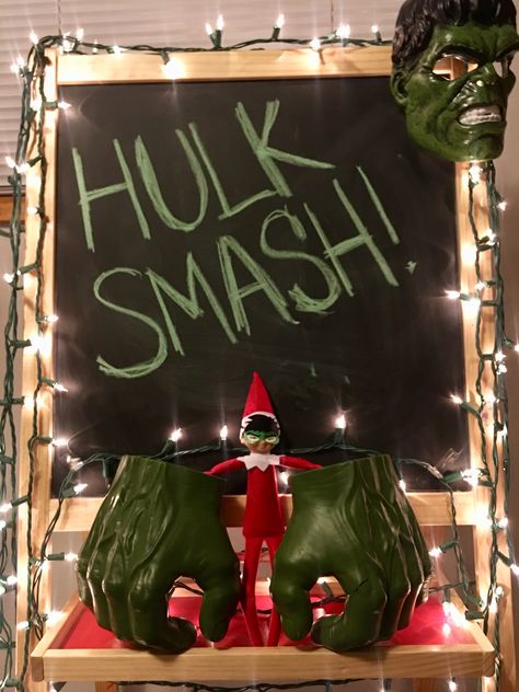 Elf On The Shelf Marvel, Elf On The Shelf Superhero Ideas, Hulk Christmas, Lucky The Leprechaun, Elf On Shelf, Shelf Inspiration, Awesome Elf On The Shelf Ideas, Xmas Elf, Elf Antics