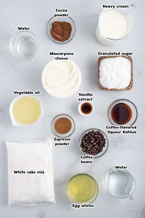 Tiramisu Cake ingredients Tiramisu Box Cake, Small Deserts, Tiramisu Cake Recipe, Cake Leveler, Carrot Cake Cupcakes, Mascarpone Cream, Boxed Cake, Tiramisu Cake, Tres Leches Cake