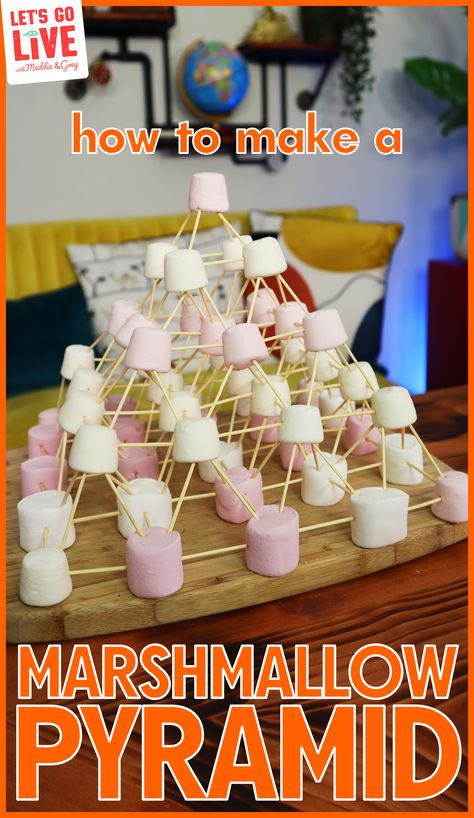 This experiment is all about making a marshmallow pyramid, whilst learning about the pyramids, engineering, and geometry! Click through to our website for a kit list, method steps, curriculum links, and a video guide! We used this activity for our 'Ancient Egypt' theme on Let's Go Live (our live family science show on YouTube). #education #science #scienceforkids #engineering #invention #scienceactivityforkids #ancientegypt #pyramid #marshamallowpyramid Egypt Science For Kids, How To Create A Pyramid, Ancient History Crafts, Ancient Egypt Science, Egypt Crafts For Preschool, Ancient Egypt Activities Middle School, Pyramid Activities For Kids, Egyptian Activities For Kids, Ancient Egypt Activities For Kids