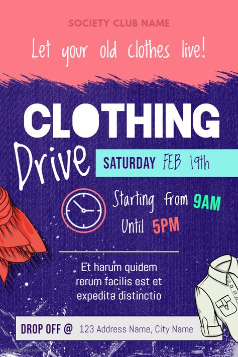 Maximalist creative clothing drive charity poster Clothing Drive Ideas, Clothing Drive Poster, Donation Drive Poster, Donate Clothes Poster, Charity Fundraiser Ideas, Donation Poster Charity, Charity Poster Design Ideas, Clothing Drive Flyer, Creative Certificate Design