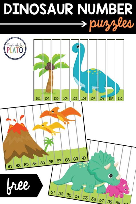 These FREE dinosaur number puzzles are great for practicing counting from 1 to 120, reading numbers, adding on and more. Perfect for kindergarten and first grade students! These puzzles make a fun and engaging math center or quiet work time activity! #numberpuzzles #dinosauractivity Dinosaur Math Activities Preschool, Dinosaur Kindergarten Activities, Dinosaur Centers, Preschool Dinosaurs, Dinosaurs Kindergarten, Science Projects For Preschoolers, Abc Countdown, Dinosaur Theme Preschool, Tutoring Ideas