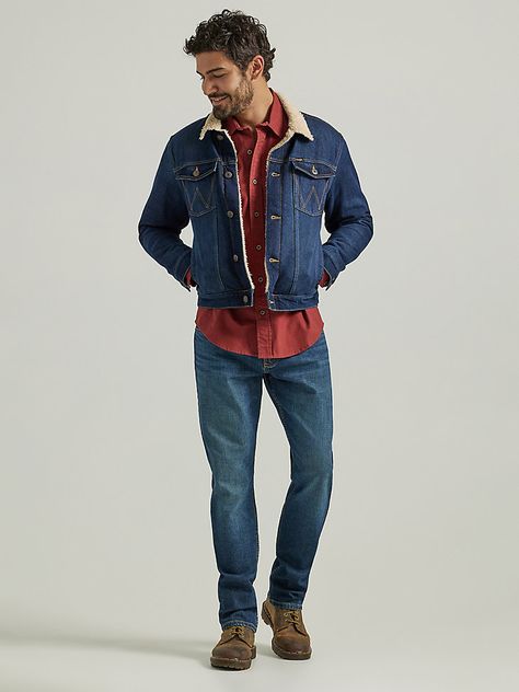 ENDURE THE COLD, WIND, AND MOREDenim doesn't have to be a fair-weather friend. With a super soft interior to keep you warm on cold days, the sherpa-lined denim jacket makes the perfect layering piece for fall and winter months. It features the laidback look of a trucker jacket with vintage-inspired details, including twin welt hand pockets, twin chest flap pockets with 'W' stitching, a button closure, and a straight back yoke. Crafted from a comfortable cotton blend with just the right amount of stretch, this sherpa denim jacket looks better and better the more you wear it. Plus, it's perfectly sized for layering over your favorite shirt or hoodie. Men In Jean Jackets, Vintage Denim Jacket Outfit, Mens Layering Outfits, Outdoorsy Style Men, Hoodie Jacket Outfit, Jean Jacket Outfits Men, Denim Jacket Looks, Cowboy Outfit For Men, Wrangler Jacket