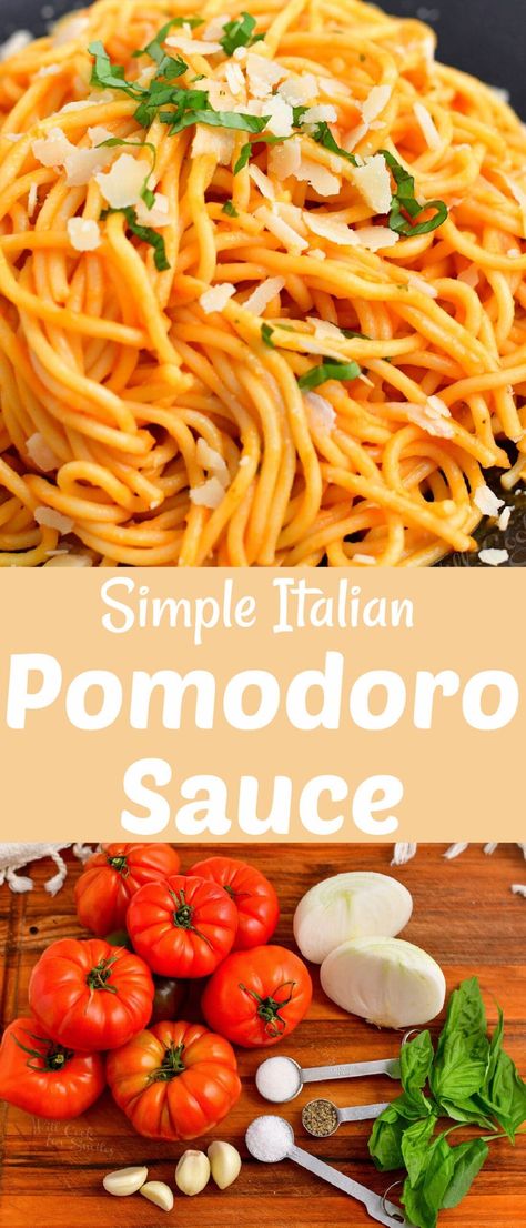 Pomodoro sauce is light and fresh made with only 5 main ingredients and a couple simple seasonings. It's a perfect combination of fresh tomatoes, onion, garlic, fresh basil, and extra virgin olive oil. Pomodoro Sauce Recipe, Pomodoro Sauce, Best Sauce Recipe, Italian Tomato Sauce, Garlic Uses, Easy Main Dishes, Italian Sauce, Pasta Dinners, Marinade Recipes