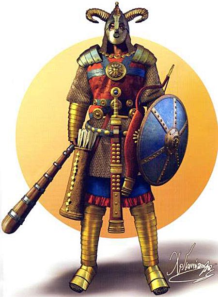 'Pos'ly. Hule (or maybe pre-Landfall Alphatian military-related)  [Sassanian Persian Cataphract Cavalryman Ram Unit Special Forces] Persian Cataphract, Byzantine Army, Persian Warrior, Warriors Illustration, Historical Warriors, Ancient Armor, Empire Romain, Heroic Fantasy, Ancient Warfare