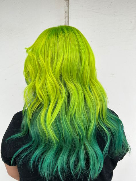 Green Hair Split Dye, Green Split Dye, Hair Split Dye, Hairstylist Instagram, Neon Green Hair, Green Dips, Half And Half Hair, Split Dye, Dip Dye