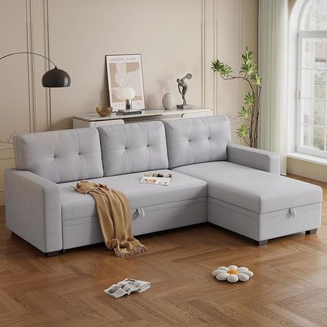 Amazon.com: Acosure 82" Upholstered L-Shape Convertible Sofa with Storage Chaise & Pull-Out Bed,Linen 3 Seater Sectional Couch W/Tufted Backrest,Reversible Sleeper for Living Room Apartment Office,Light Gray : Home & Kitchen Pull Out Couch Bed, L Shaped Sofa Bed, Upholstered Sofa Bed, Office Light, Modern Sleeper Sofa, Living Room Apartment, Sofa With Storage, Pull Out Couch, Apartment Office