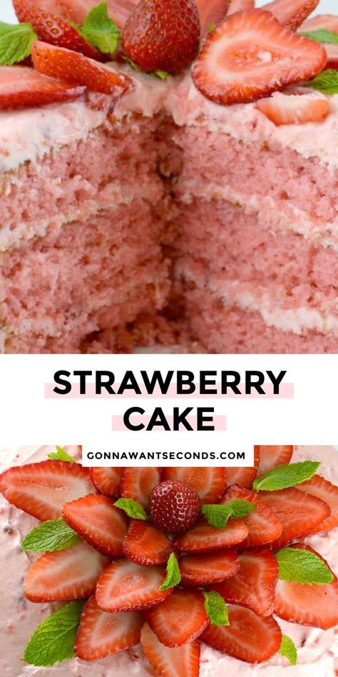 *NEW* This intense triple-decker strawberry cake is super moist and lovingly crafted with a sweet buttercream frosting that’s addictingly delicious. #strawberrycake #strawberrylayercake Wedding Cake Recipes, Triple Layer Cake, Strawberry Layer Cakes, Strawberry Cake Recipes, Layer Cake Recipes, Wedding Cake Recipe, Easy Strawberry, Strawberry Cakes, Chocolate Glaze