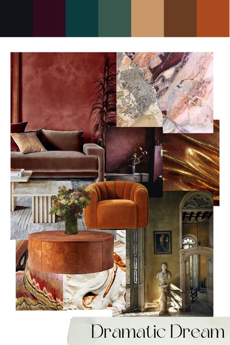 Step into a world of dramatic interiors! 🌟 Our moodboard captures the essence of luxury and intrigue, with rich, dark hues and opulent textures. From velvet to marble, our vision exudes elegance and mystery. Get ready to transform your space into a sanctuary of drama and sophistication. #InteriorDesign #DramaticInteriors #LuxuryLiving Opulent Colour Palette, Rich Color Pallete, Luxury Dark Color Palette, Moody But Bright Interior Design, Mood Board Luxury, Marble Moodboard, Rich Earthy Color Palette, Dramatic Interior Design, Retro Apartment Decor