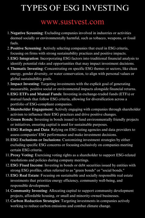 Types of ESG Investing Ethical Investing, Environmental Social Governance, Personal Values, Financial Analysis, Investing In Stocks, Sustainable Practices, Clean Energy, Water Conservation, Business Ethics