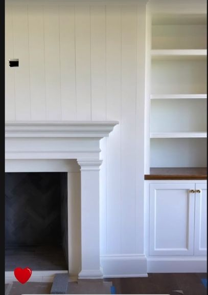 Offset Fireplace With Built Ins, Mantle Surround Ideas, Beadboard Vaulted Ceiling Living Room, White Mantel Fireplace, Tongue And Groove Fireplace Wall, Fireplace Woodwork Moldings, White Wood Fireplace Surround Built Ins, Fireplace Dentil Molding, Wrap Around Mantl Shelf