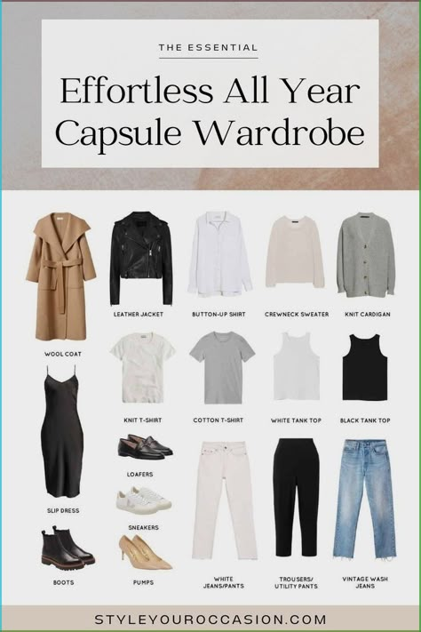 Learn how to build the perfect minimalist capsule wardrobe, with our ultimate year-round capsule wardrobe collection for women. This minimalist wardrobe capsule for spring, summer, fall, and winter, includes chic outfit ideas for work, casual dressy, and everything in between. All Black Capsule Wardrobe, Closet Top Shelf, Winter Outfits Minimalist, Soft Summer Colour Palette, Edgy Capsule Wardrobe, Outfit Ideas For Work Casual, Closet Detox, Black Capsule Wardrobe, Rich Wardrobe