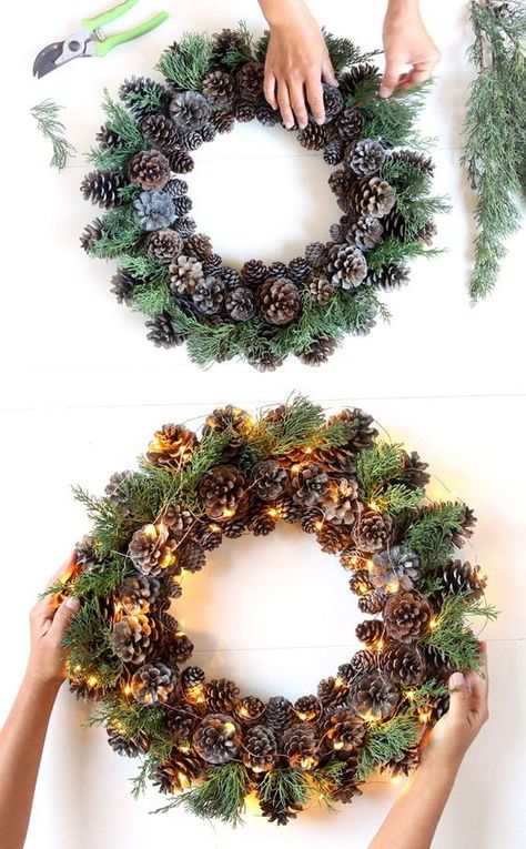 Beautiful Fast & Easy DIY Pinecone Wreath ( Improved Version!) - A Piece Of Rainbow Diy Pinecone Wreath, Julkransar Diy, Crafts For Fall, Christmas Decorations Centerpiece, Pine Cone Art, Cone Crafts, Diy Pinecone, Easy Diy Wreaths, Winter Face