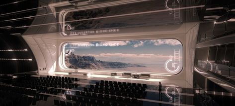 Conference hall at Mars colony by Tarik Keskin Scifi Environment, Futuristic Interior Design, Scifi Interior, Futuristic Space, Sci Fi Architecture, Spaceship Interior, Sci Fi Environment, Conference Hall, Futuristic Interior