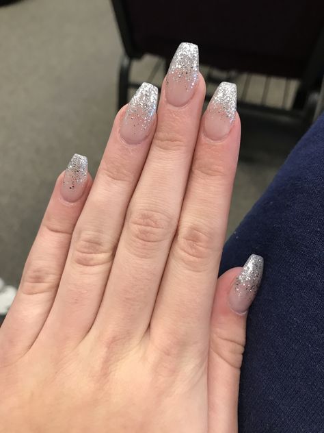 Silver Sparkle Nails Coffin, Silver Nails Short Acrylic, Formal Silver Nails, Simple Silver Glitter Nails, Silver Glitter Fade Nails, Gel Nail Designs Silver, Simple Silver Prom Nails, Silver Inspired Nails, Classy Nails Silver