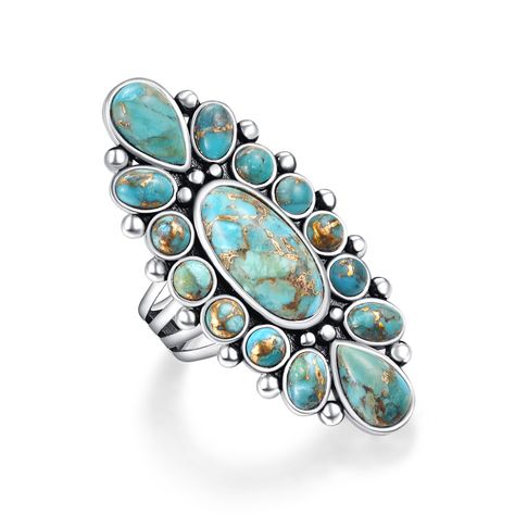 PRICES MAY VARY. Exquisite Flowers: The surface of this women's statement ring is made up of oval and round turquoise stones that form a beautiful flower, adding a touch of glamor and personality. Trusted Materials: Turquoise rings for women made from high quality 925 sterling silver is hypoallergenic and safe for sensitive skin, allowing you to wear it with confidence and comfort. Exquisite craftsmanship: Every piece of this boho western rings is meticulously crafted, and we focus on aesthetics Western Rings, Bohemian Flower, Promise Rings For Guys, Bohemian Flowers, Tungsten Wedding Rings, Turquoise Ring Silver, Teal Turquoise, Statement Ring Silver, Turquoise Stones