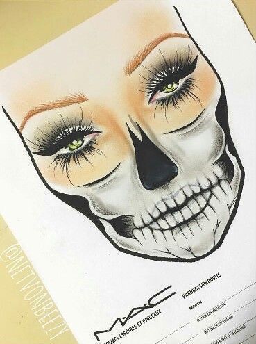 Halloween... Mac Halloween Makeup, Halloween Skull Makeup Half Face, Halloween Skeleton Makeup Half Face, Skeleton Half Face Makeup, Face Chart Makeup Ideas Creative, Diy Skull Makeup, Halloween Facechart, Skull Makeup Half Face, Half Face Skull Makeup