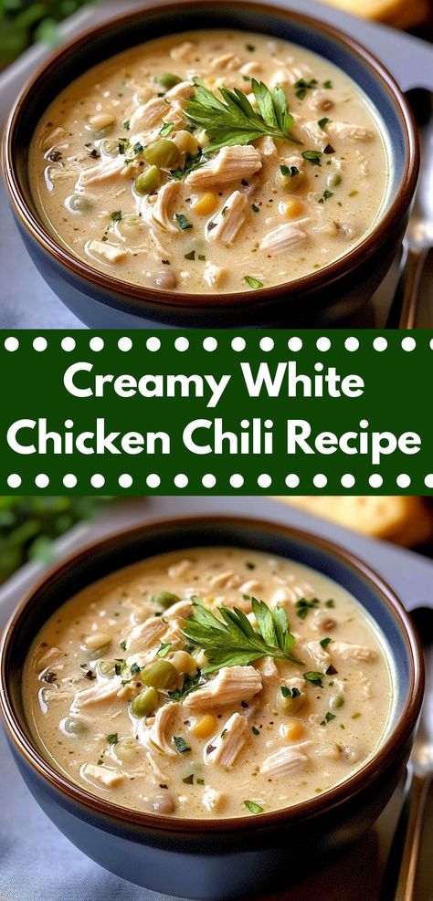 Want dinner recipes for family? This Creamy White Chicken Chili recipe is a winner! Creamy and comforting, it’s an easy chili recipe that’s great for healthy chicken recipes and dinner ideas. White Chicken Chilli, Creamy White Chicken Chili Recipe, White Chicken Chili Slow Cooker, White Chicken Chili Recipe, Creamy Chicken Recipes, Creamy White Chicken Chili, White Chili, White Chili Chicken Recipe, Chili Recipe Crockpot