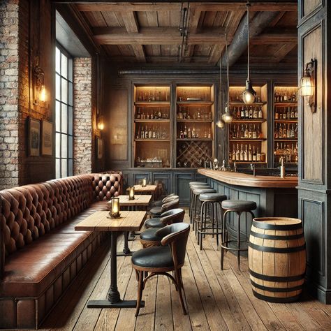 Masculine Bar Design, Garage With Bar, Brewery Design Interior, Chic Bar Design, Barn Bar Ideas, Masculine Bar, Hotel Lobby Bar, Moody Bar, Office Design Inspo