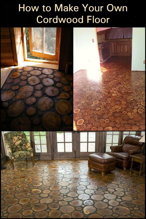 This flooring may look like a professional installer's job, but did you know that you can DIY this cordwood floor for your home? Wood Slice Floor, Log End Flooring, Wood Cookie Flooring, Diy Floor Ideas, Cheap Flooring Ideas Diy, Cordwood Floor, Diy Flooring On A Budget, Lotr Decor, Diy Wooden Floor