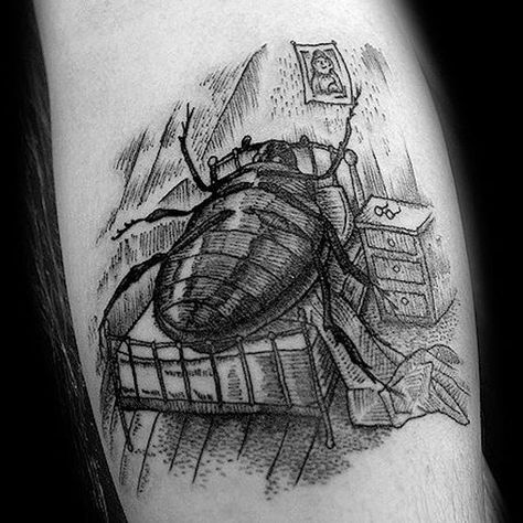 An illustration of Gregor Samsa waking up as a bug by an unknown artist. #blackwork #FranzKafka #literarytattoo #TheMetamorphosis Franz Kafka Metamorphosis Tattoo, Kafka Bug Tattoo, Beetle Metamorphosis, Frank Kafka, Creepy Insect Tattoo, Metamorphosis Tattoo, Figeater Beetle Tattoo, Literature Tattoos, Writer Tattoo