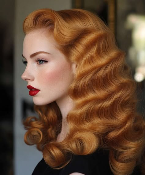 seasonal hair inspo Red Pinup Hair, Redhead Updo, Vintage Red Hair, 50's Hairstyles, Romantic Braid, Retro Curls, Nordic Wedding, Hollywood Curls, Pinup Hair