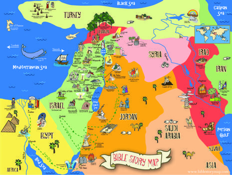 Bible Map for Children, Shows Locations of over 40 Popular Bible Stories including Moses, Daniel, Noah, Jacob and Jesus. Perfect poster for Sunday School and VBS Bible Mapping, Sunday School Classroom, Christian History, Maps For Kids, Bible Games, Bible Stories For Kids, Story Map, Childrens Bible, Christian School