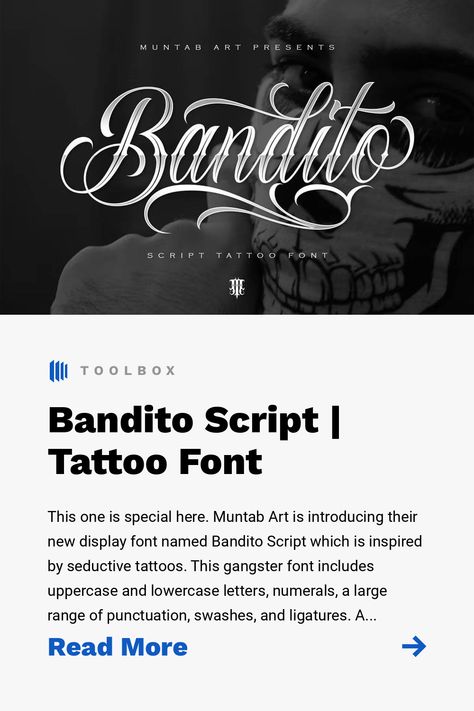 This one is special here. Muntab Art is introducing their new display font named Bandito Script which is inspired by seductive tattoos. This gangster font includes uppercase and lowercase letters, numerals, a large range of punctuation, swashes, and ligatures. As a special feature the kit has an alternate lowercase option, so you can dilute your text with different flourishes and curlicue things. There is also multilingual support and if you would like to write something like go ahead. Th... Bandito Script Font, Mexican Gang Tattoos, Bandito Tattoo, Script Tattoo Font, Seductive Tattoos, Gangster Letters, Gangster Fonts, Mafia Movies, Cursive Numbers