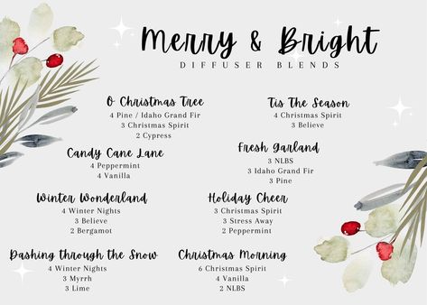 "\"Merry & Bright\" Christmas Blend Set These blends will turn your home into a winter wonderland this Christmas! On the front of the card, you will find blend recipes and on the back there are recipes for hot cocoa, room spray, scented cleaner, and sugar scrub! ABOUT THE BLENDS Some of the oils are specific to Young Living but most are single oils that other companies will have. NOTE - this set is meant to provide fun ideas. We are not claiming that our recipes will prevent or treat diseases. W Christmas Diffuser Recipes, Holiday Diffuser Blends, Diffuser Blends Young Living, Christmas Diffuser Blends, Young Living Diffuser, Essential Oil Shelf, Essential Oil Diffuser Blends Recipes, Diffuser Blend, Living Essentials Oils