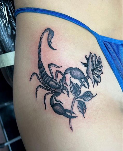 Scorpio Tattoo Hip, Scorpion Tattoo Meaning, Scorpion Thigh Tattoo, Scorpion Hip Tattoo, Scorpion Tattoo Feminine, Luca Pacioli, Forearm Cover Up Tattoos, Scorpion Tattoos, Thorn Tattoo