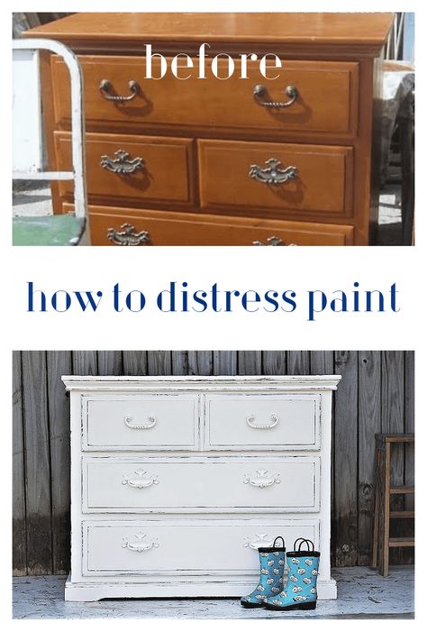 How To Do Distressed White Paint, Distress Furniture Diy, How To Destress Your Dresser, How To Distress White Painted Wood, How To Paint Distressed White, How To Distress Wood With Paint, Painting Distressed Look Diy, How To Distress Painted Wood, Distressing Furniture