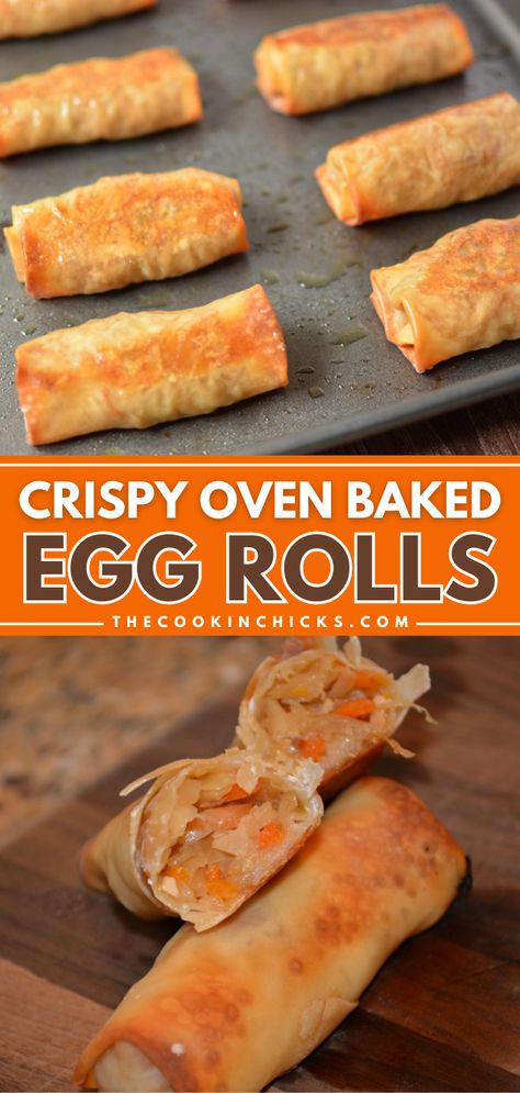 Oven Baked Crispy Egg Rolls are a healthier version of the popular fried Chinese appetizer. Made by filling an egg roll wrapper with coleslaw mix and seasonings, then baked in the oven until crispy and golden brown. No need to pull out your fryer for this delicious appetizer, side dish, or snack option! Egg Roll Recipes Baked, Egg Rolls In The Oven, Baked Spring Rolls Recipe, Simple Egg Roll Recipes, Healthy Egg Roll Recipes, Baked Eggroll Wrapper Recipes, Texas Egg Rolls Roadhouse, Easy Egg Roll, Egg Roll Paper Recipes