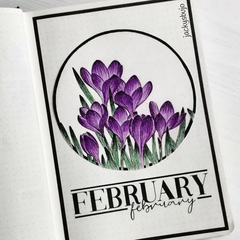 Flower Cover Page Design, Crocus Doodle, Bulett Journal Ideas February, February Journal Cover, Sketch Book Front Cover Ideas, 2023 Bullet Journal Cover, February Bullet Journal Cover, Bujo February, February Cover Page