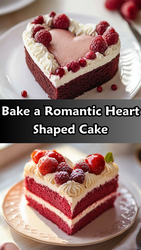 Indulge in the ultimate love cake with this heart-shaped cake recipe! Perfect for Valentine's Day or romantic celebrations, this fluffy vanilla cake, topped with luscious berries and creamy frosting, is a true showstopper. Impress your partner or friends with this stunning dessert that’s easy to make and sure to win hearts. Gather your ingredients and start baking this delightful treat today! Heart Shaped Cake Recipe, Fluffy Vanilla Cake, Recipe For Love, Heart Shaped Cake, Creamy Frosting, Shaped Cake, Heart Shaped Cakes, Romantic Heart, Love Cake